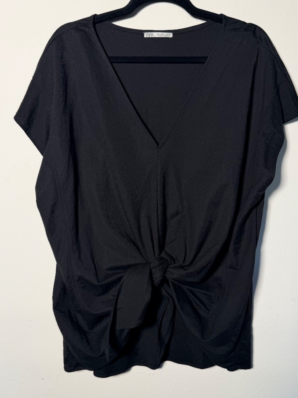Zara Women's Front Tie Knot V-Neck Black Blouse Shirt Top Large